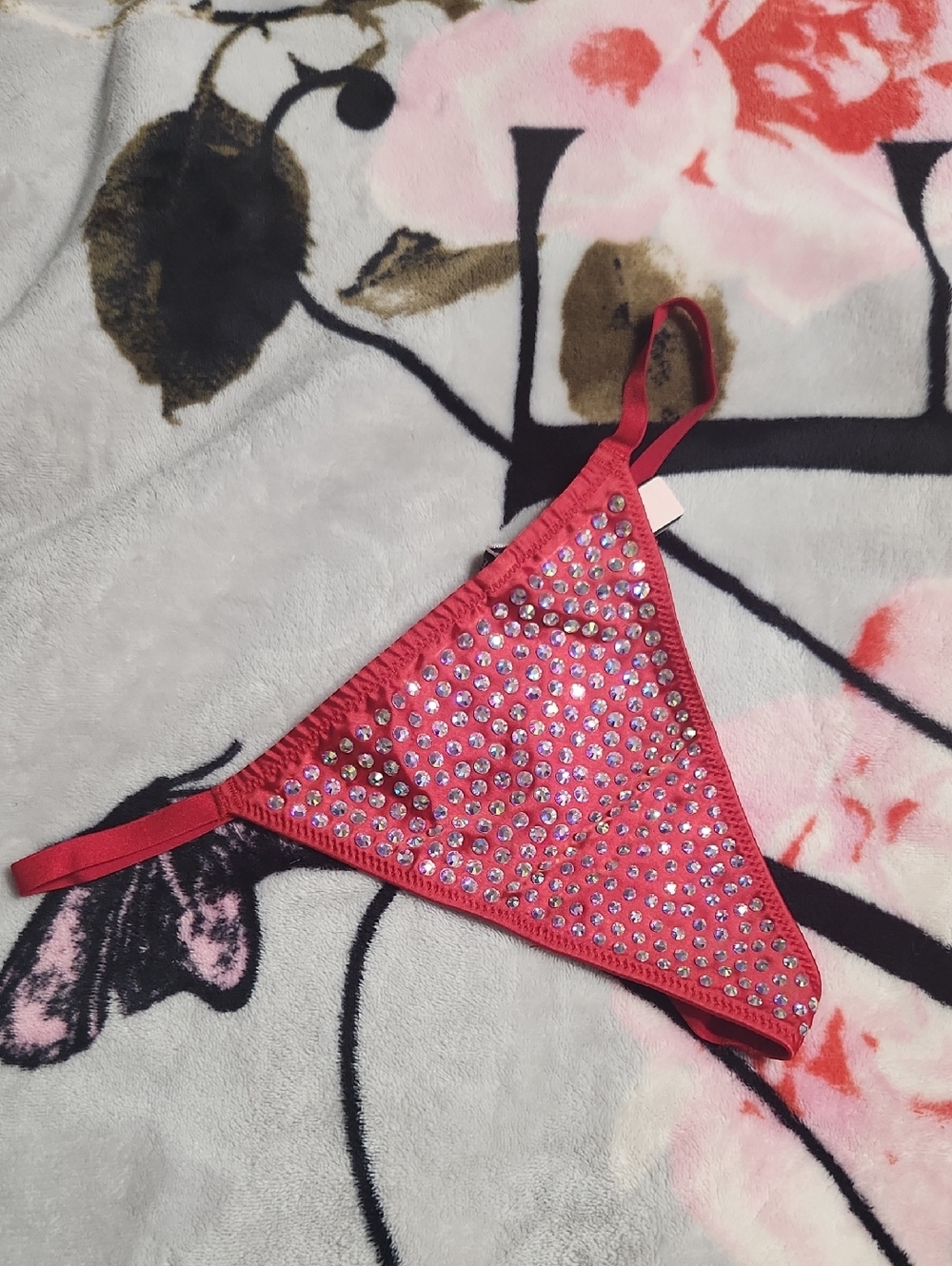 Victoria's Secret Red V-String Thong with Iridescent Gems